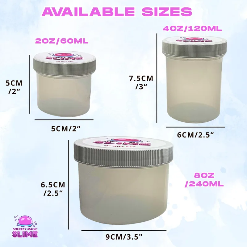 The three jar sizes side by side: 2oz, 4oz and 8oz, with their measurements