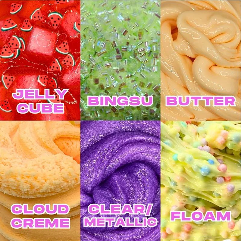 Grid of the six textures: jelly cube, bingsu, butter, cloud creme, clear metallic and floam