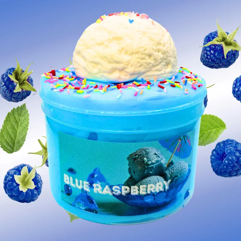 Blue Raspberry jar of blue slime with an ice-cream scoop clay topper