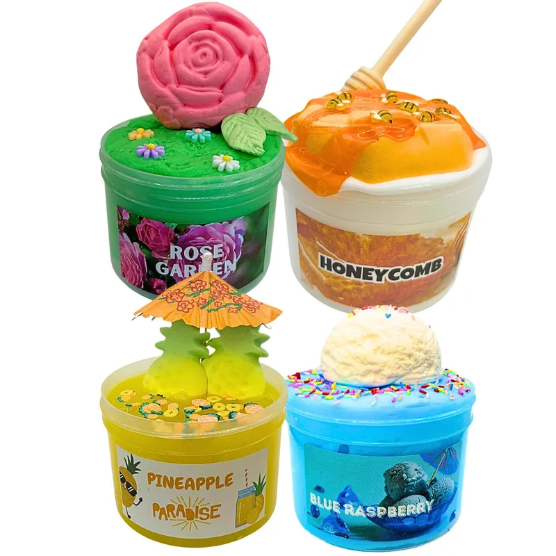 Four clay-kit slimes together: Rose Garden, HoneyComb, Pineapple Paradise and Blue Raspberry