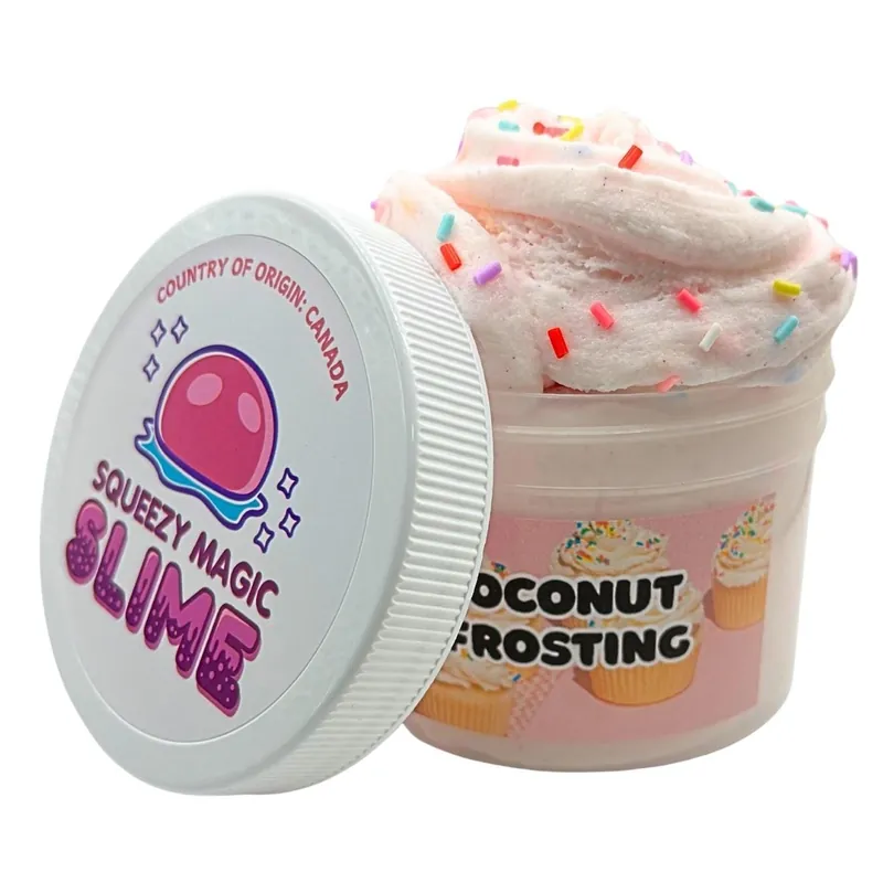 Coconut Frosting jar with pink slime and sprinkles beside its Squeezy Magic Slime lid