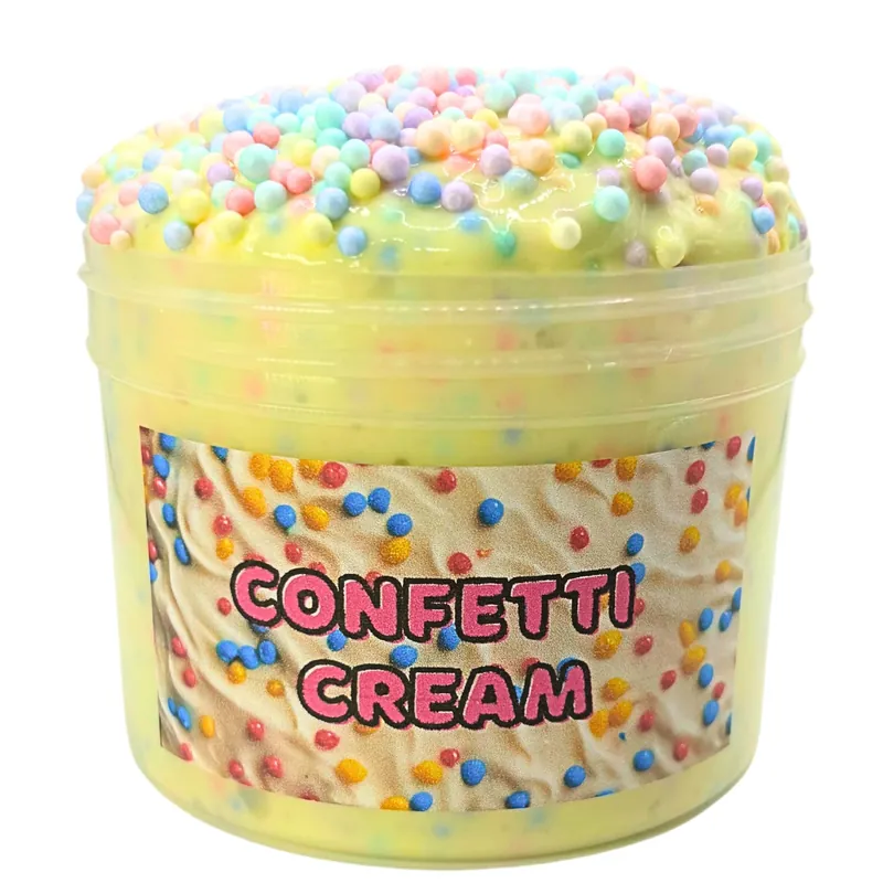 Confetti Cream jar of yellow slime with pastel foam beads