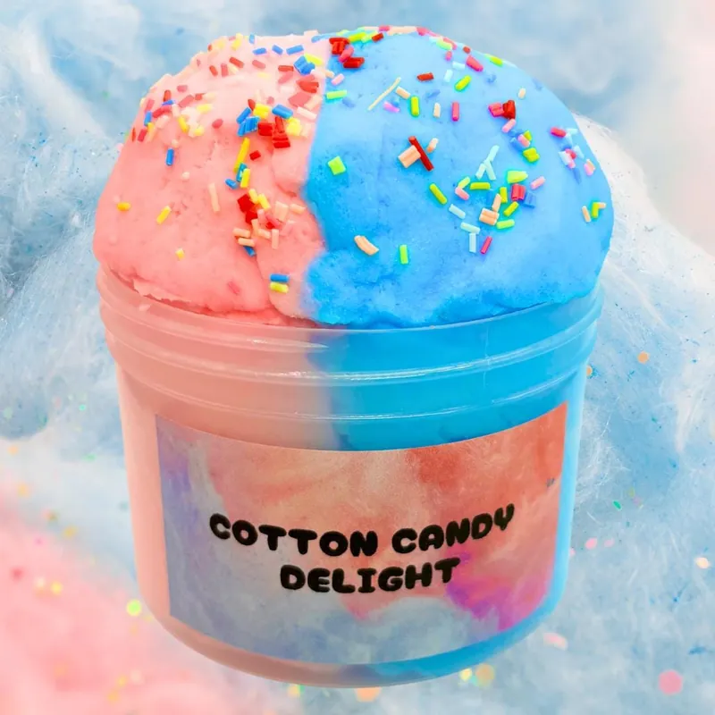 Cotton Candy Delight jar, half pink and half blue fluffy slime with rainbow sprinkles