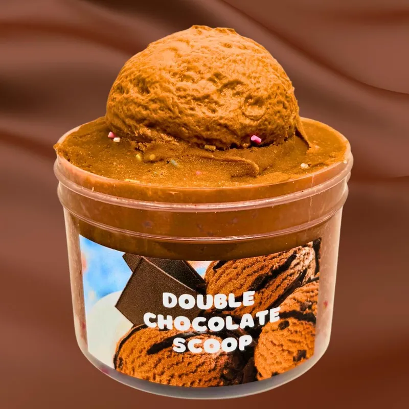 Double Chocolate Scoop jar of brown cloud slime with a chocolate scoop topper