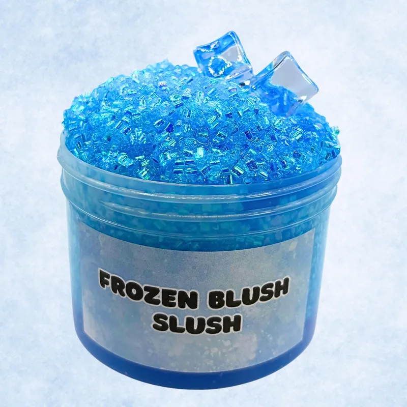 Frozen Blue Slush jar of bright blue crunchy slime topped with clear ice-cube charms