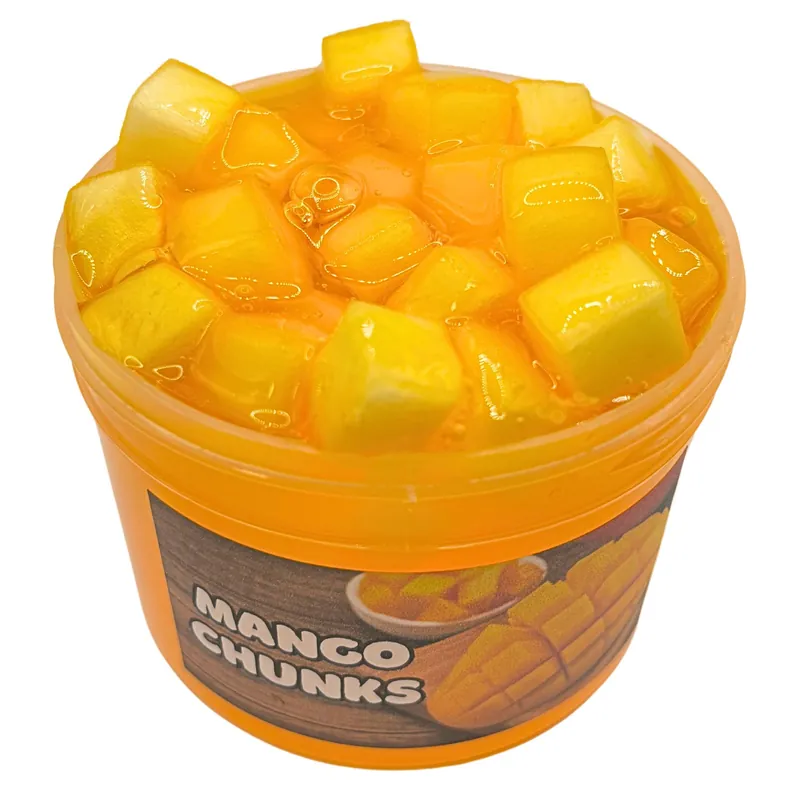 Mango Chunks jar of yellow jelly cubes in clear slime