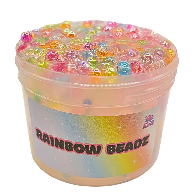 Rainbow Beadz jar of clear slime topped with rainbow pearl beads