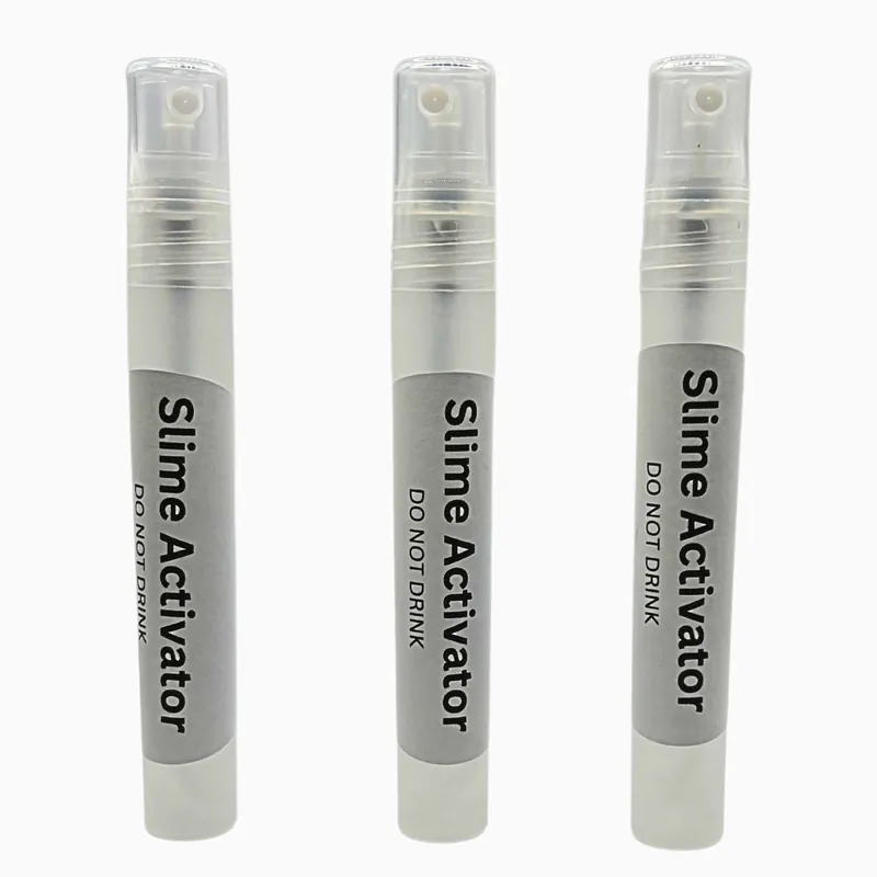 Three slim clear spray bottles labelled Slime Activator