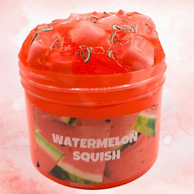 Watermelon Squish jar filled with red jelly cubes and watermelon slice charms