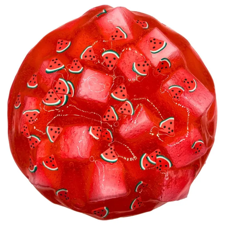 Top view of red jelly cube slime with tiny watermelon slices